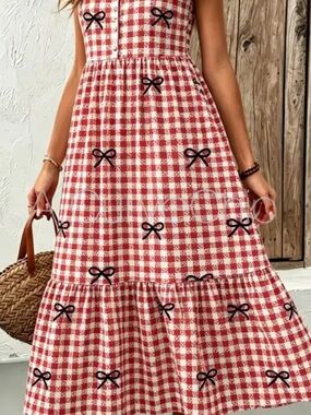 Temu  Red and White Gingham Midi Dress with Black Bow Accents
